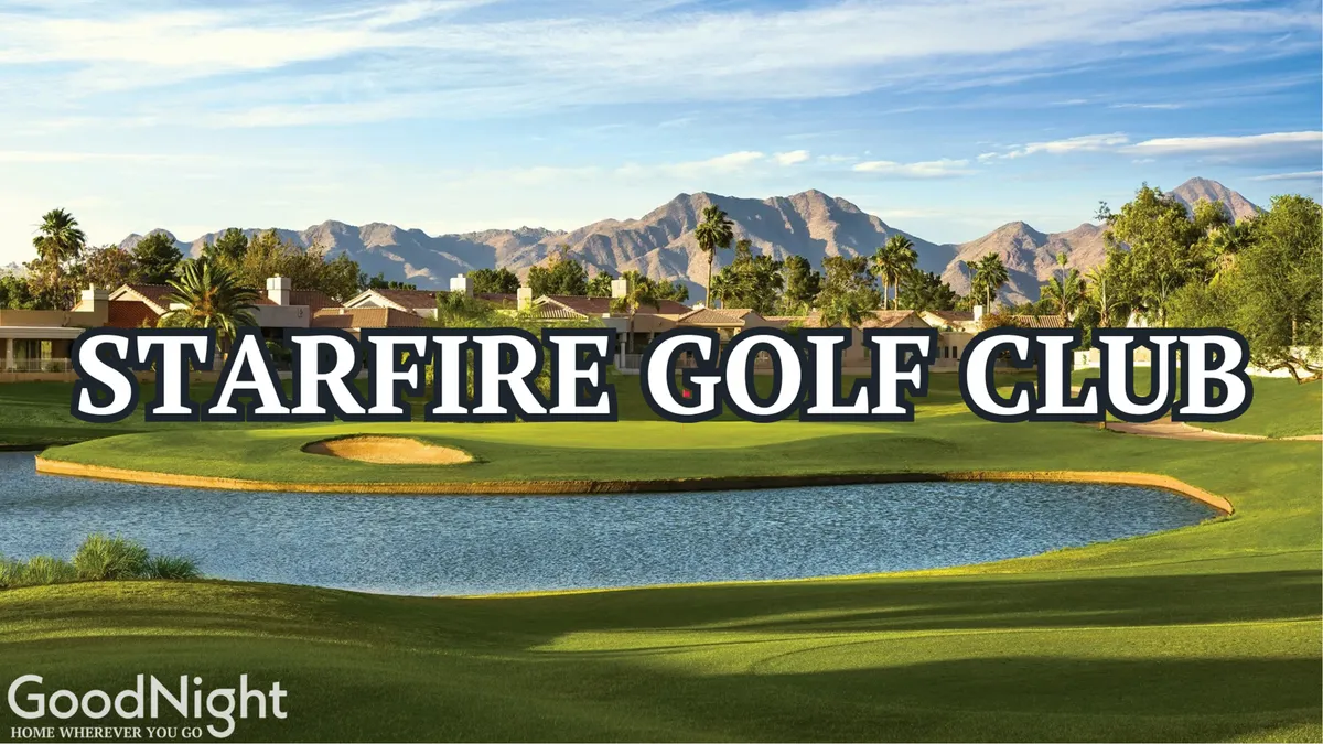 This exterior image captures a lush golf course with a scenic lake, palm trees, mountains in the distance, and a prominent clubhouse. The view evokes the relaxed ambiance and beautiful landscapes characteristic of top Scottsdale golf venues mentioned in the section.