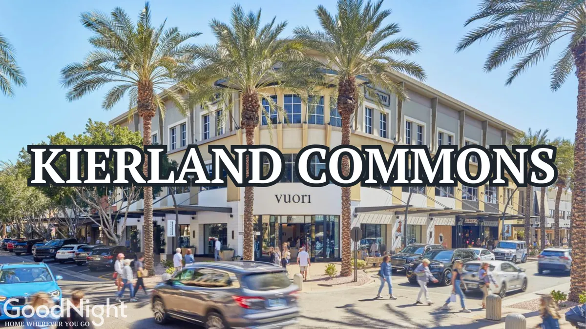 This vibrant exterior scene showcases a shopping center with palm trees, bustling pedestrians, and cars, all set under a colorful sunset. The lively plaza highlights the energy and social appeal of Scottsdale's shopping and dining districts.